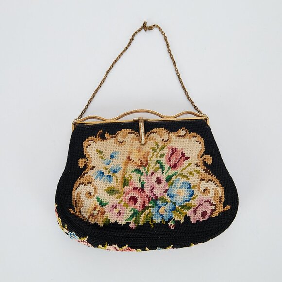 Vintage Handbags - Vintage Petit Point Tapestry Evening Bag with Chain Strap